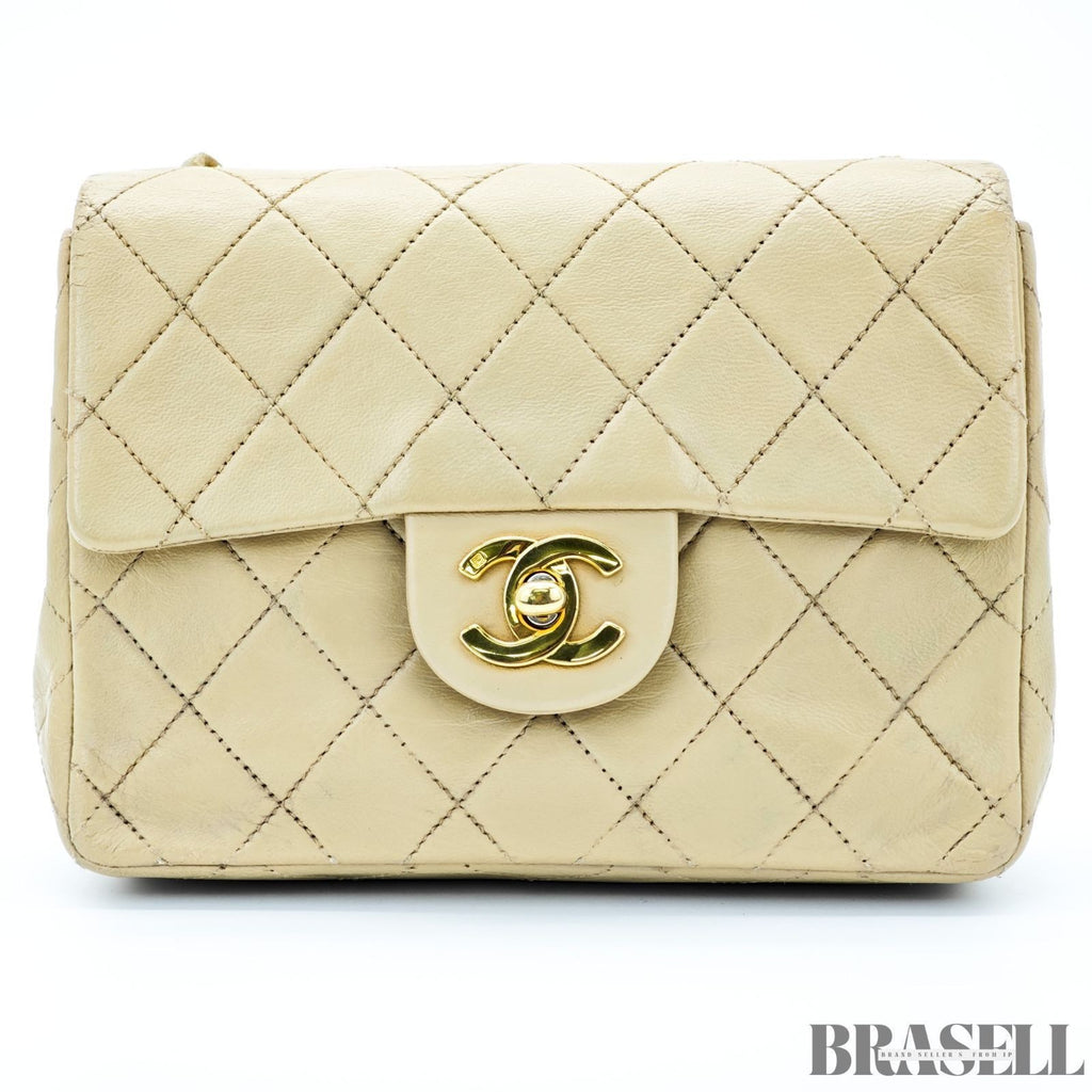 Chanel Mini Matelassé Shoulder Bag Lambskin Flap Compact Beige Women