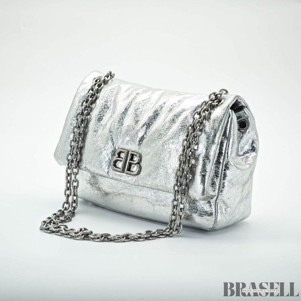 BALENCIAGA MONACO Nano Bag Metallized Compact Shoulder Bag in Silver