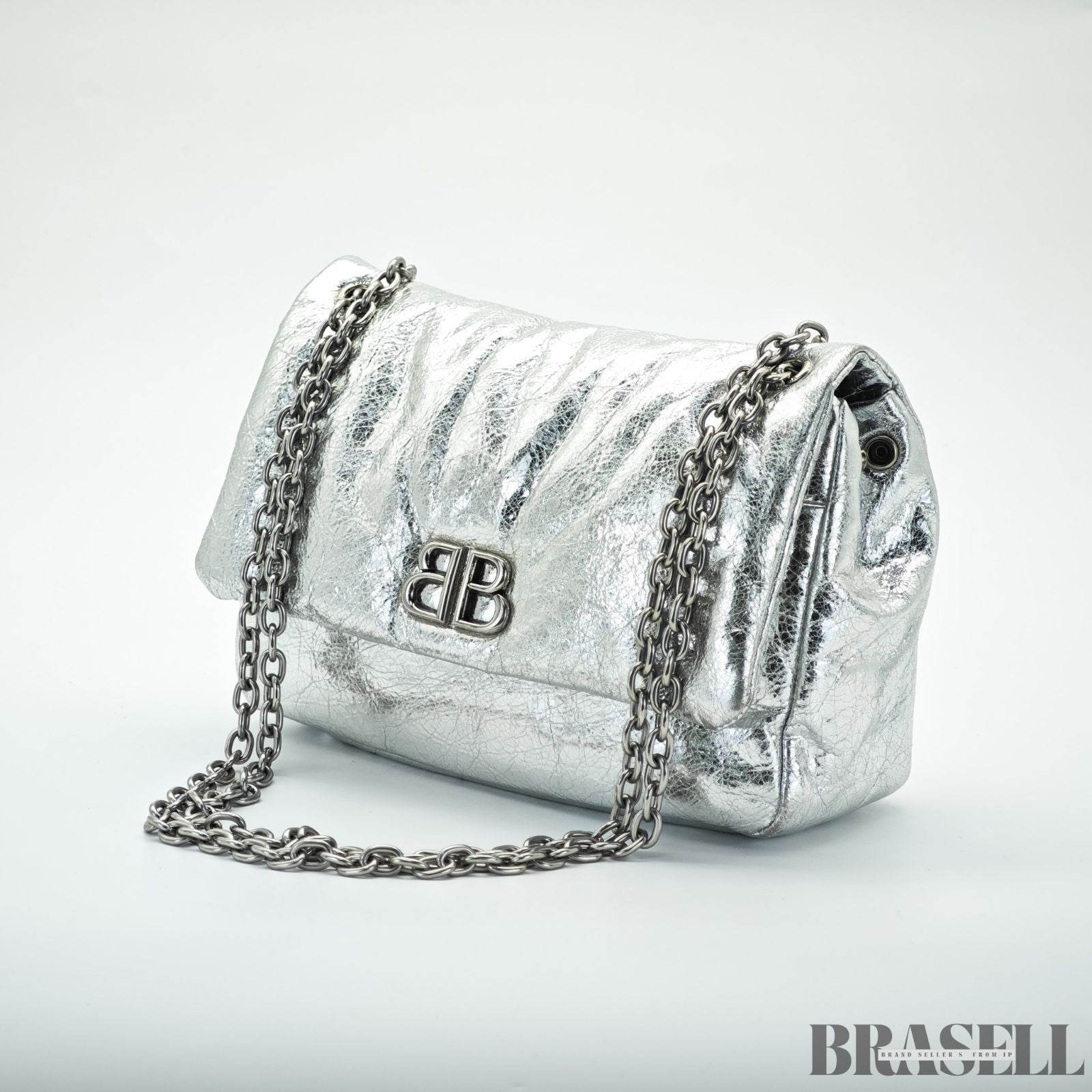 BALENCIAGA MONACO Nano Bag Metallized Compact Shoulder Bag in Silver