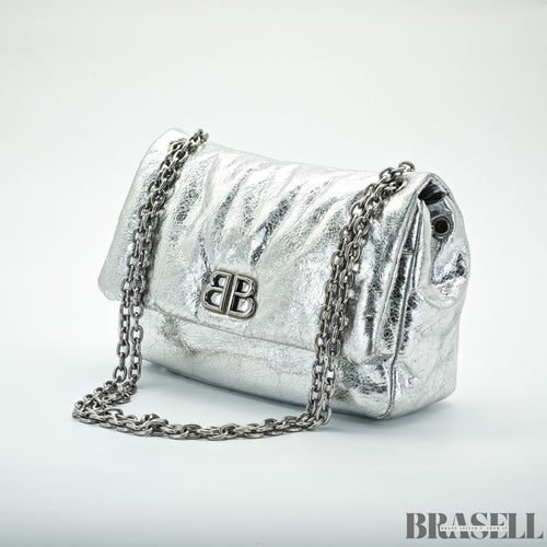 BALENCIAGA MONACO Nano Bag Metallized Compact Shoulder Bag in Silver