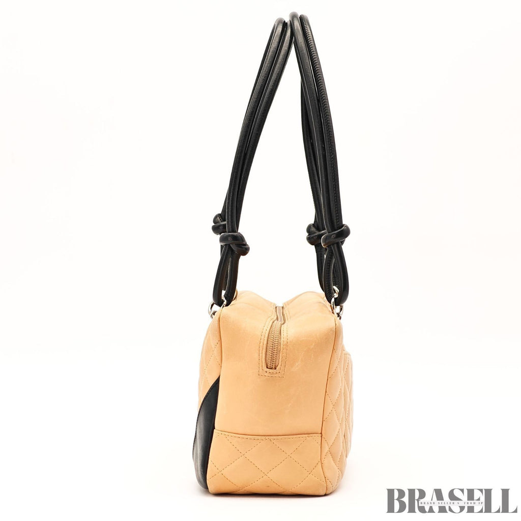 CHANEL Cambon Bowling Bag Handbag Leather Beige Black France Women