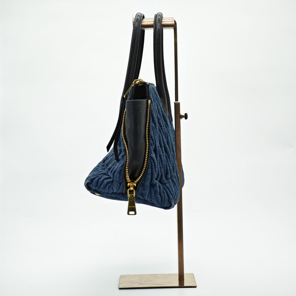 MIUMIU Matelassé Denim Canvas Handbag Horizontal Blue Men & Women