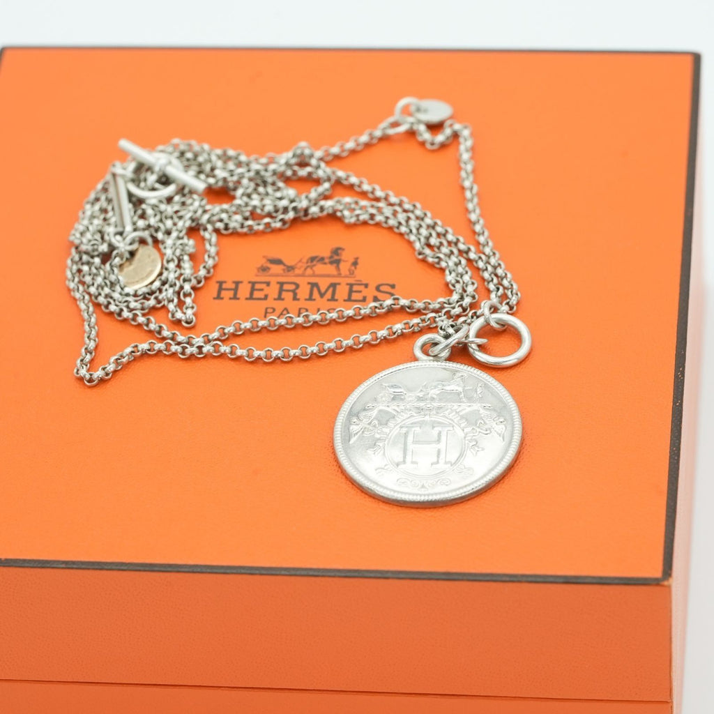 HERMES Ex Libris MM Necklace Coin Silver for Women' Men's