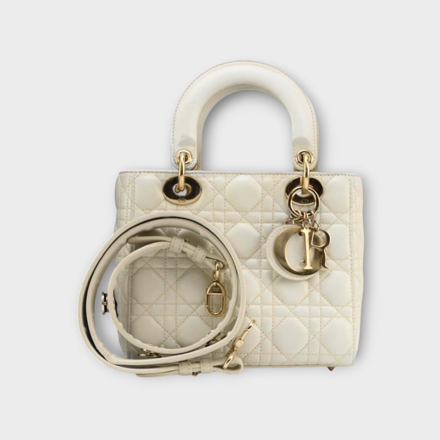 Dior Lady Dior 2Way Handbag Shoulder Bag White Lambskin Gold Hardware 【A】