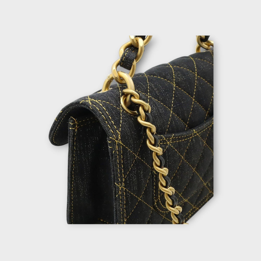 CHANEL Matelassé Coco Mark Chain 2-Way Handbag Denim & Leather Navy Blue AS4051
