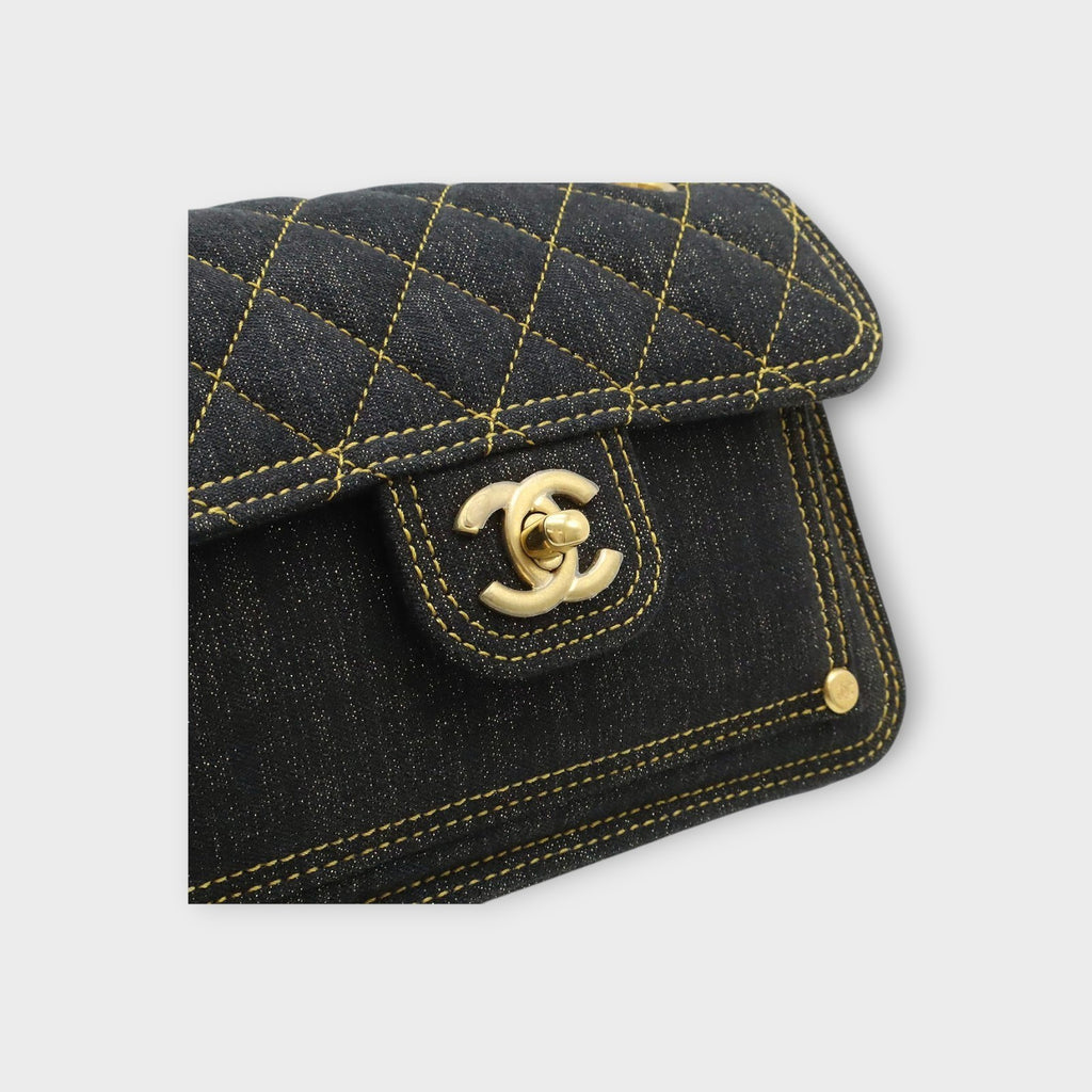 CHANEL Matelassé Coco Mark Chain 2-Way Handbag Denim & Leather Navy Blue AS4051
