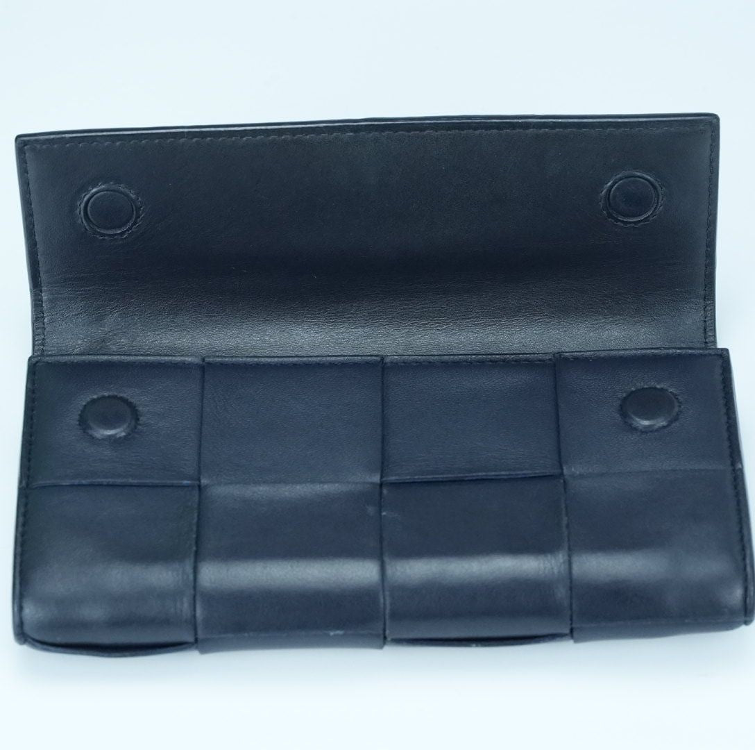 BOTTEGA VENETA Cassette Intrecciato Navy Long Wallet with Built-in IC Chip