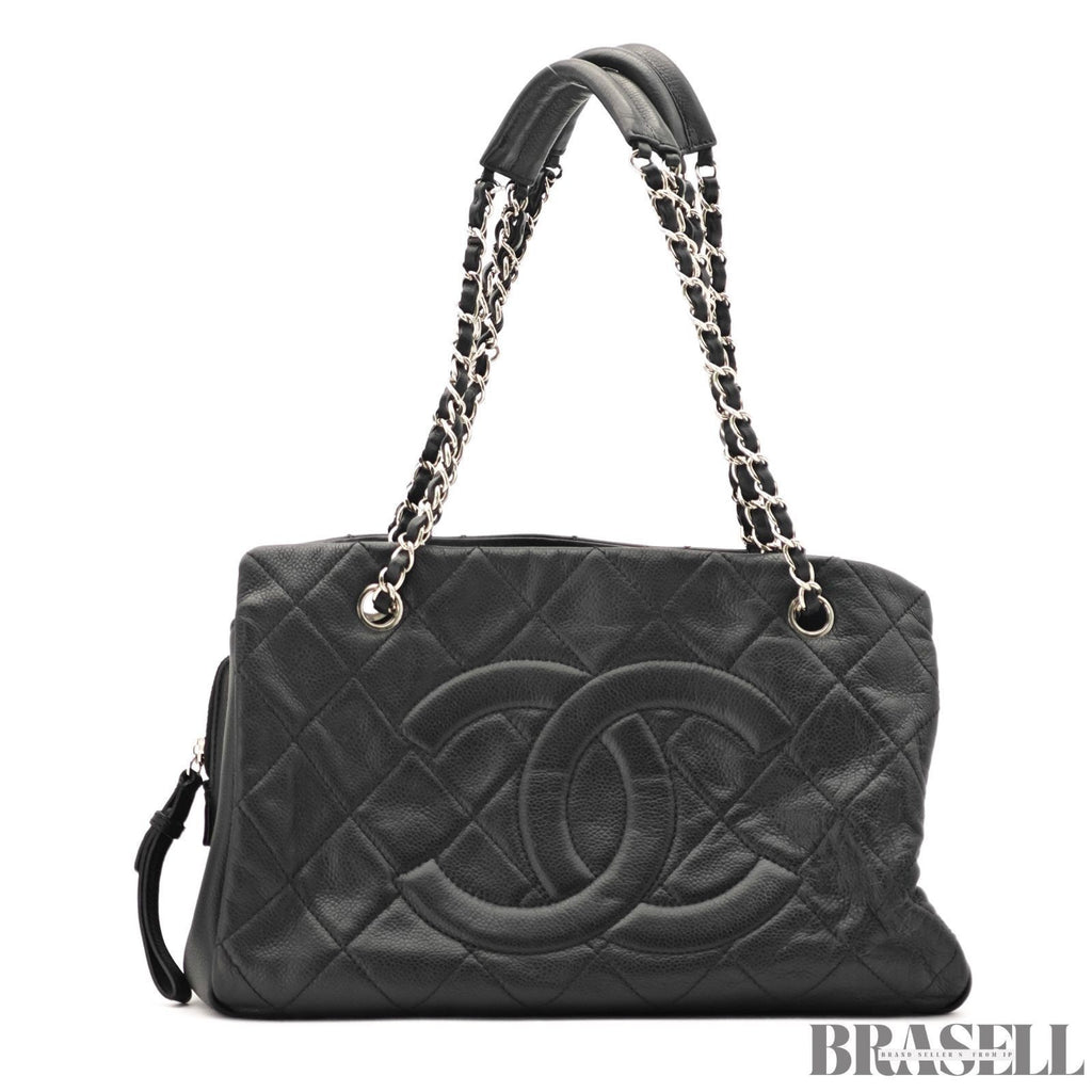 CHANEL Deca Coco Chain Tote Bag Black Caviar Leather Shoulder Bag Warranty Card