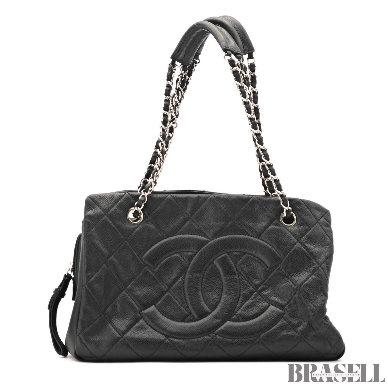 CHANEL Deca Coco Chain Tote Bag Black Caviar Leather Shoulder Bag Warranty Card
