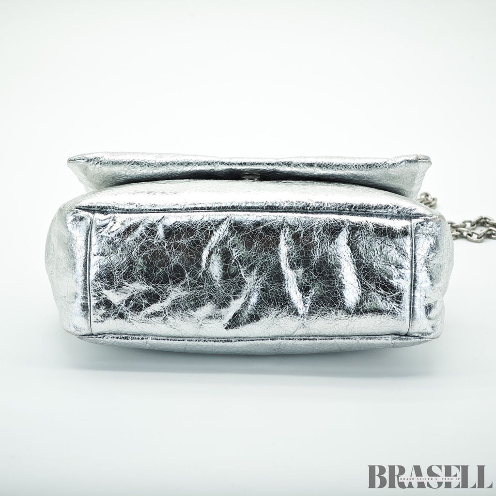 BALENCIAGA MONACO Nano Bag Metallized Compact Shoulder Bag in Silver