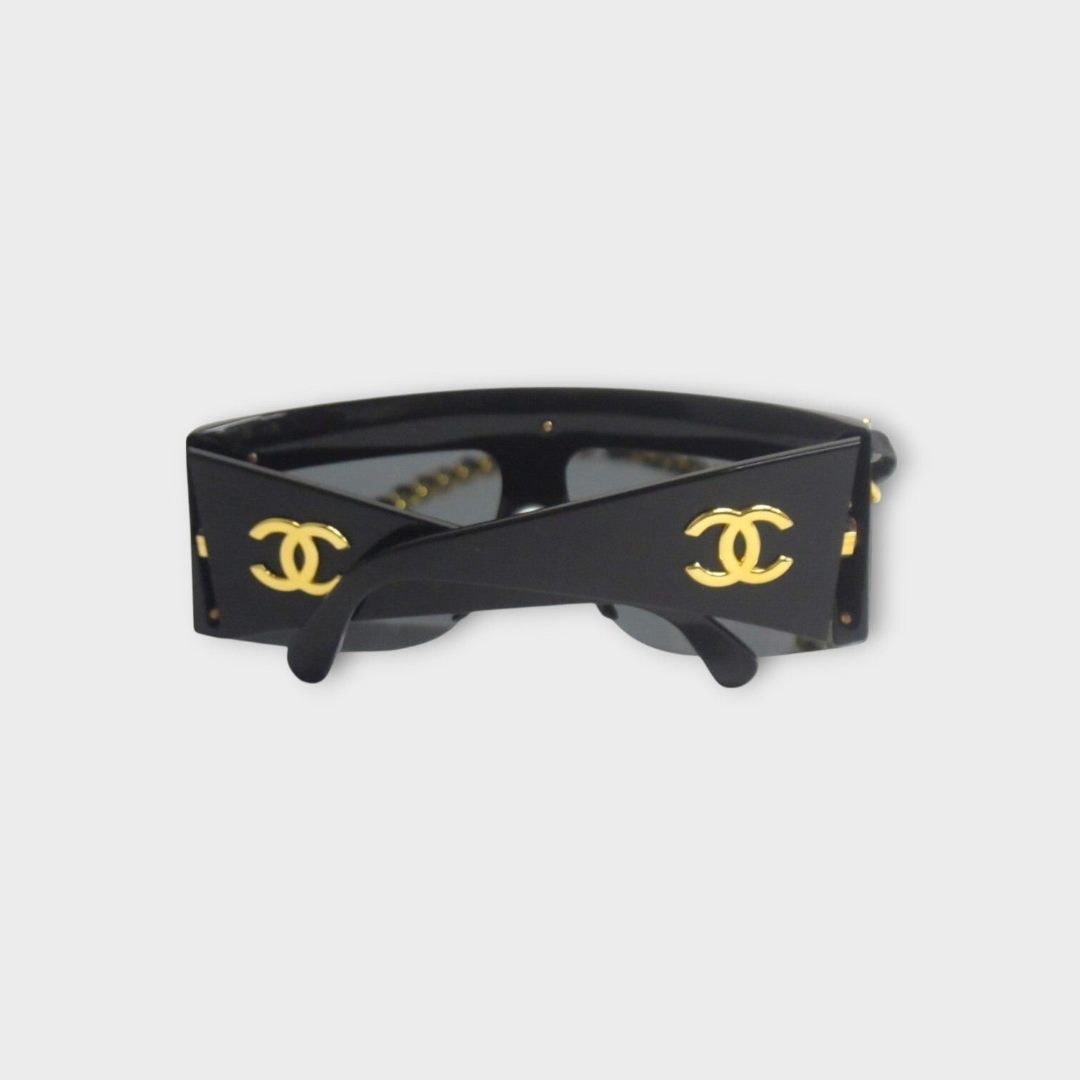 CHANEL Chain Sunglasses Coco Mark 0027 90 Leather Metal Black 【A】
