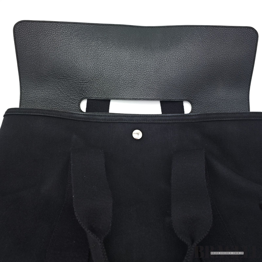 HERMES Valparaiso MM Handbag Toile Chevron Leather Black Unisex With Dust Bag