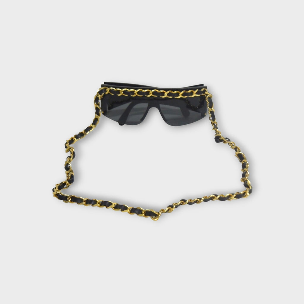 CHANEL Chain Sunglasses Coco Mark 0027 90 Leather Metal Black 【A】