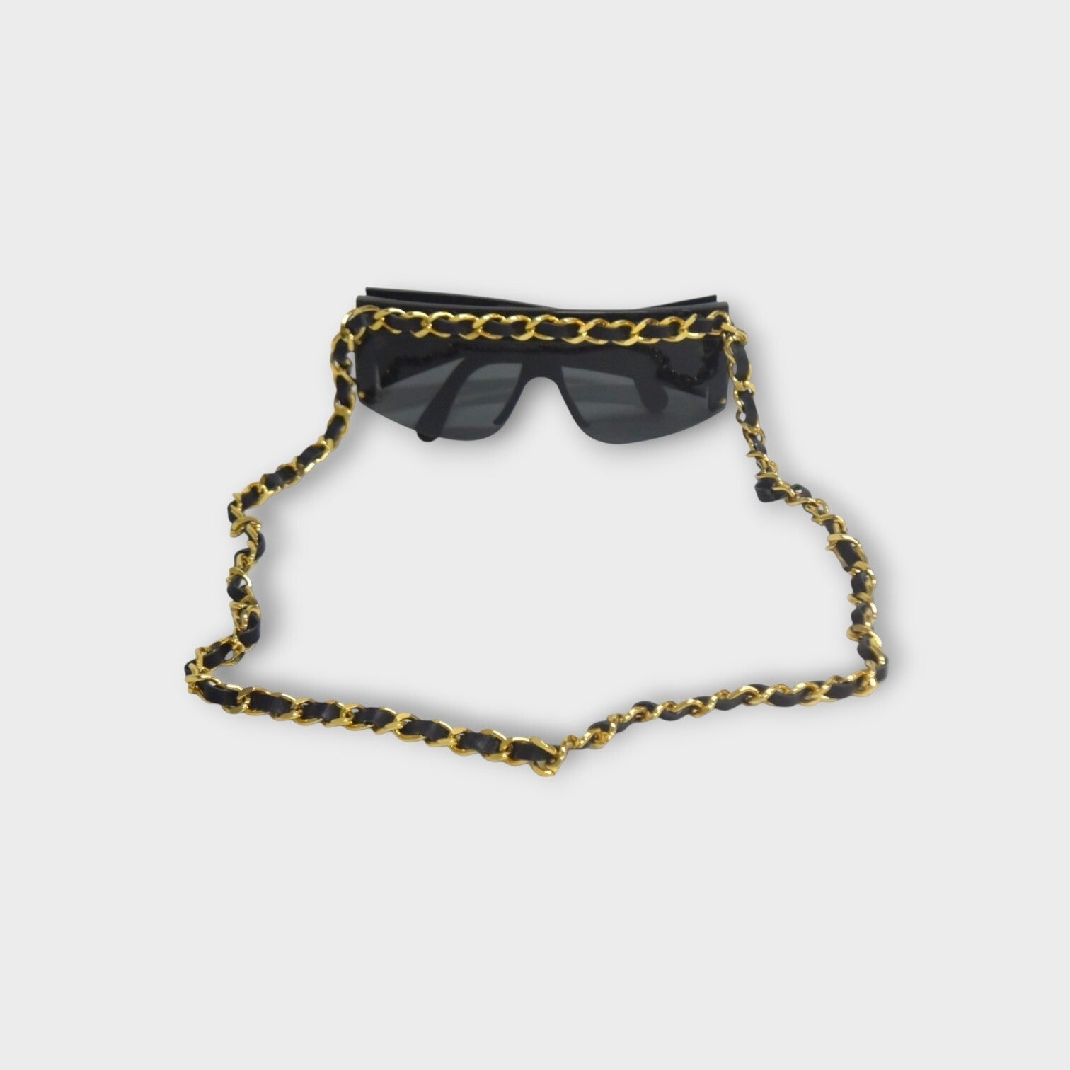 CHANEL Chain Sunglasses Coco Mark 0027 90 Leather Metal Black 【A】
