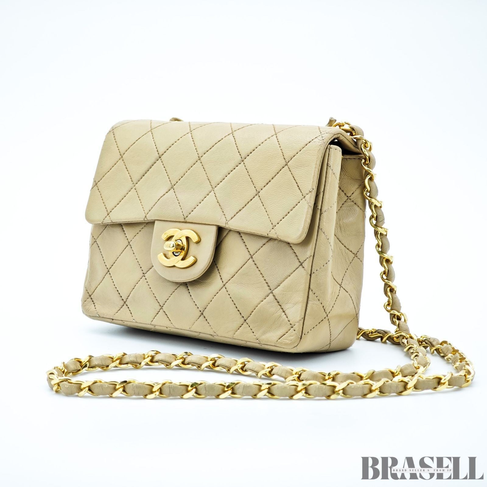 Chanel Mini Matelassé Shoulder Bag Lambskin Flap Compact Beige Women