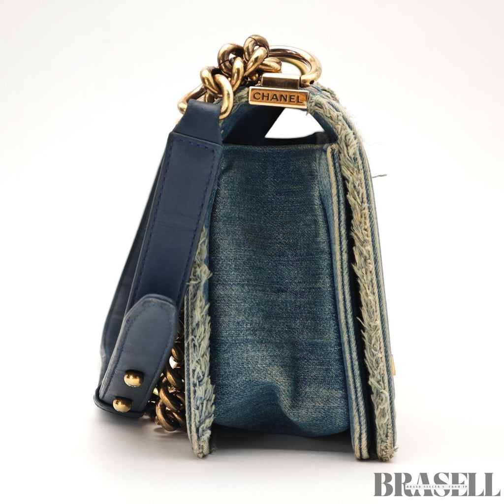 Chanel Boy Chanel Patchwork Chain Shoulder Bag Blue Gold Denim w/Box Dust Bag