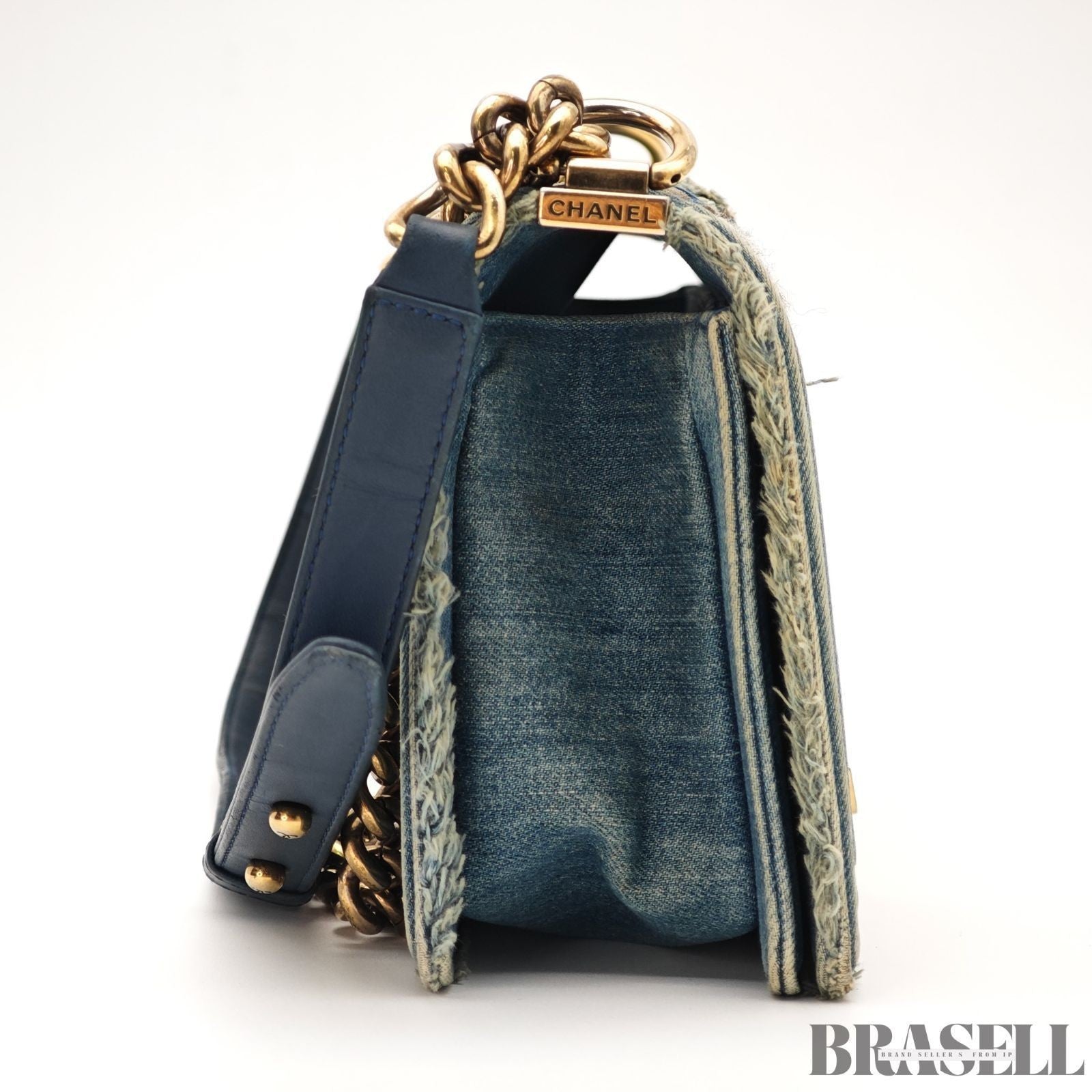Chanel Boy Chanel Patchwork Chain Shoulder Bag Blue Gold Denim w/Box Dust Bag