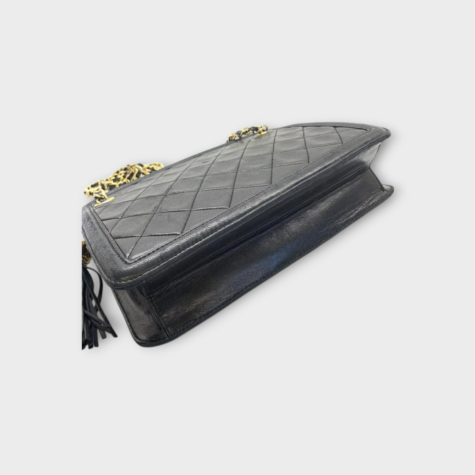 CHANEL Matelassé Fringe Chain Shoulder Bag Lambskin Black Gold Hardware 【B】