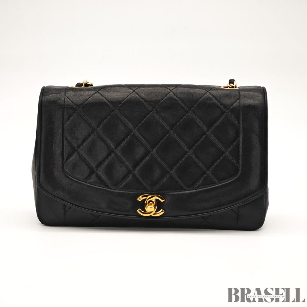 CHANEL Matelassé Diana 25 Chain Shoulder Bag Flap Quilted Black Lambskin Logo