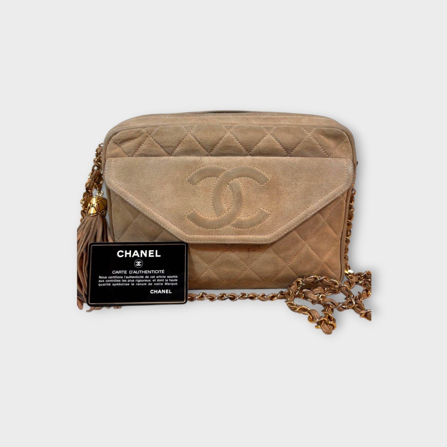 CHANEL Chain Shoulder Bag Matelassé Suede Leather Coco Mark Beige 【B】