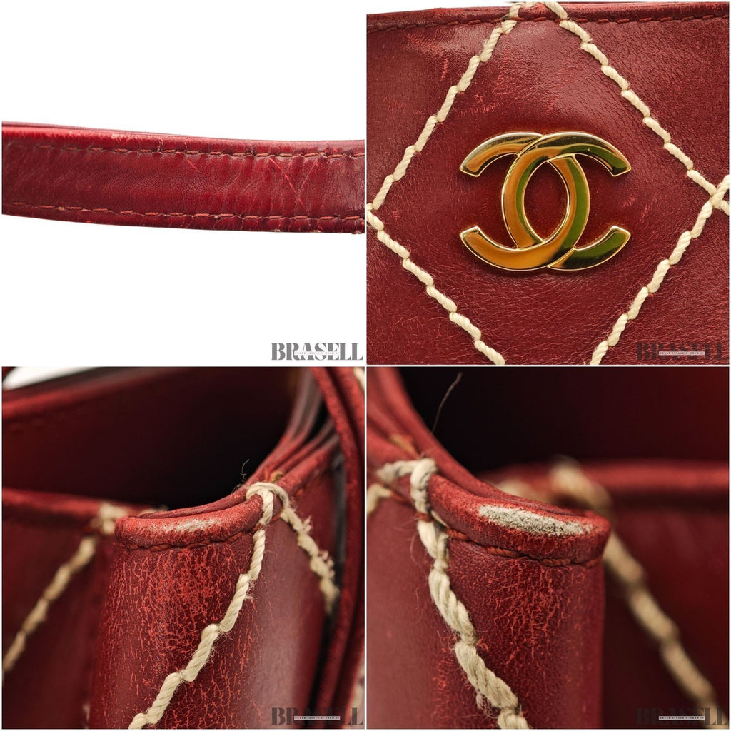 Authentic CHANEL Wild Stitch Tote Bag Handbag Leather Red Magnet Women