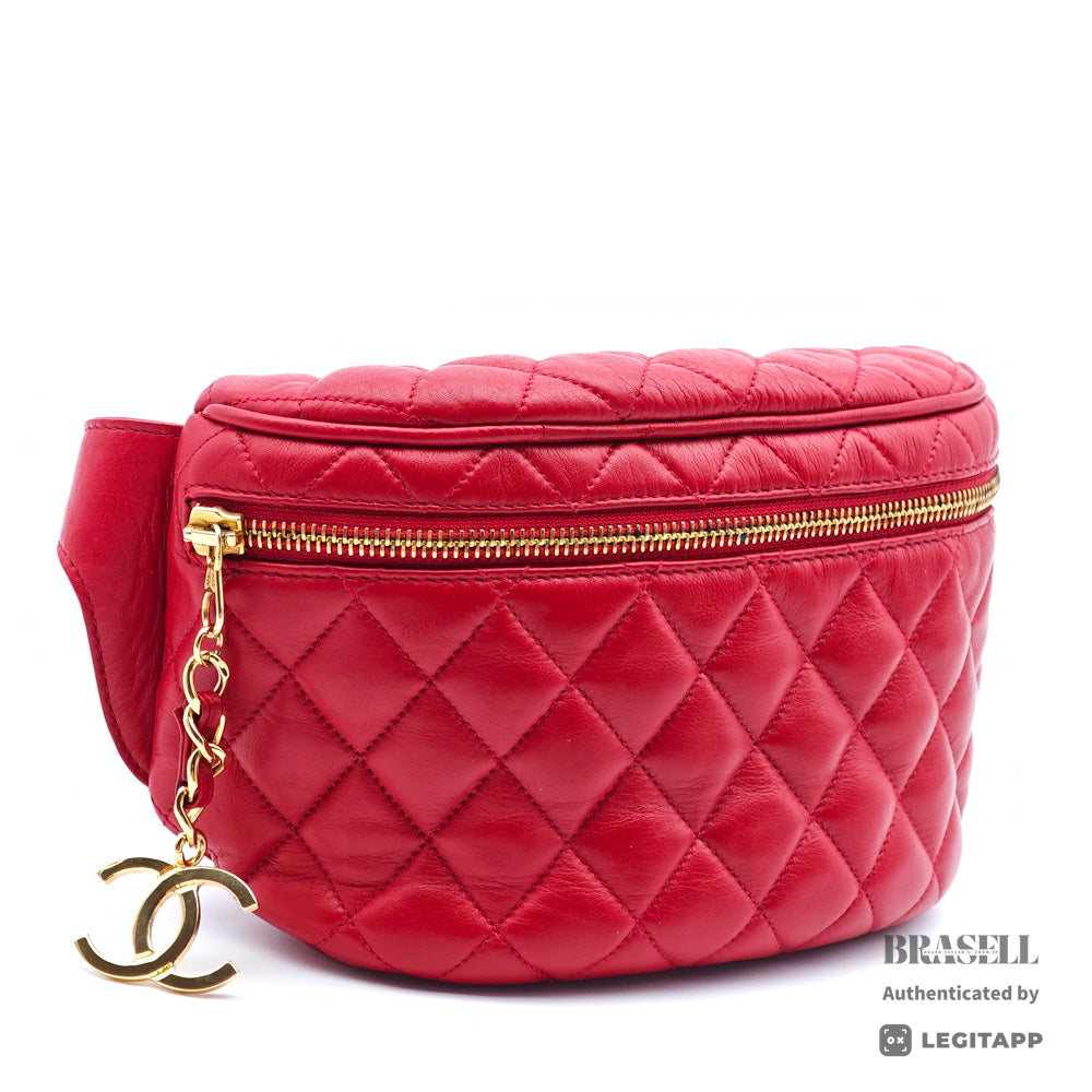 CHANEL Matelasse Quilted Lambskin Leather Red Waist Bag 【ImportFeeFREE】