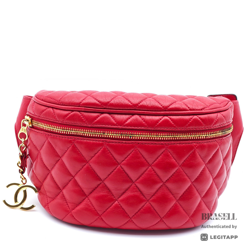 CHANEL Matelasse Quilted Lambskin Leather Red Waist Bag 【ImportFeeFREE】
