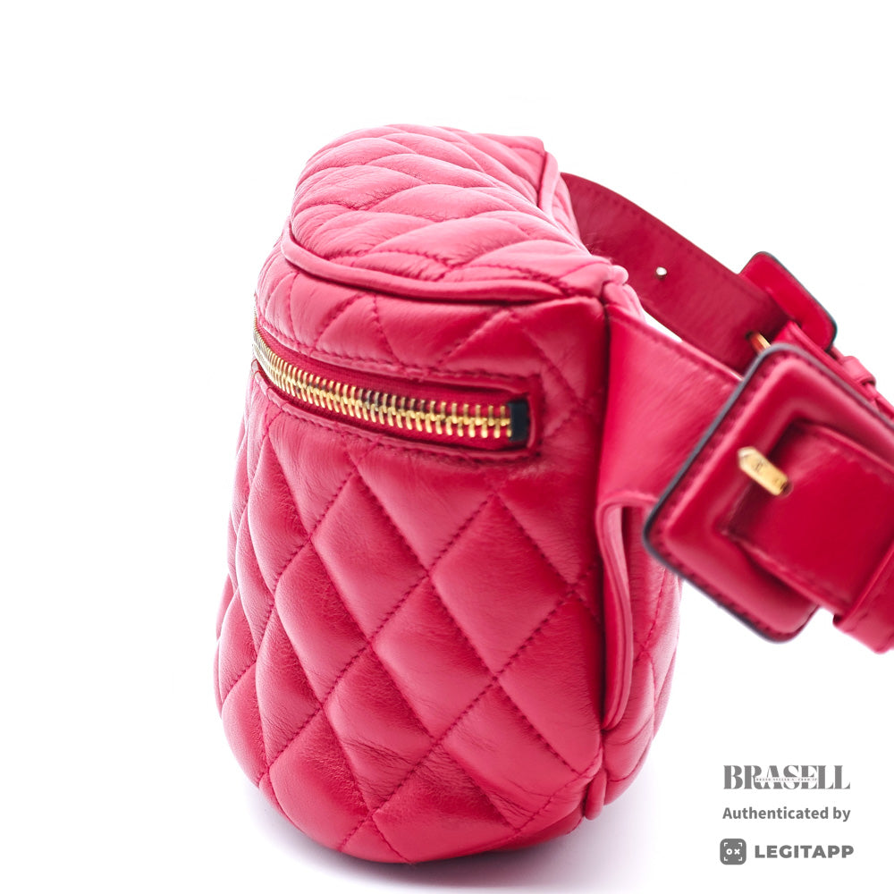 CHANEL Matelasse Quilted Lambskin Leather Red Waist Bag 【ImportFeeFREE】