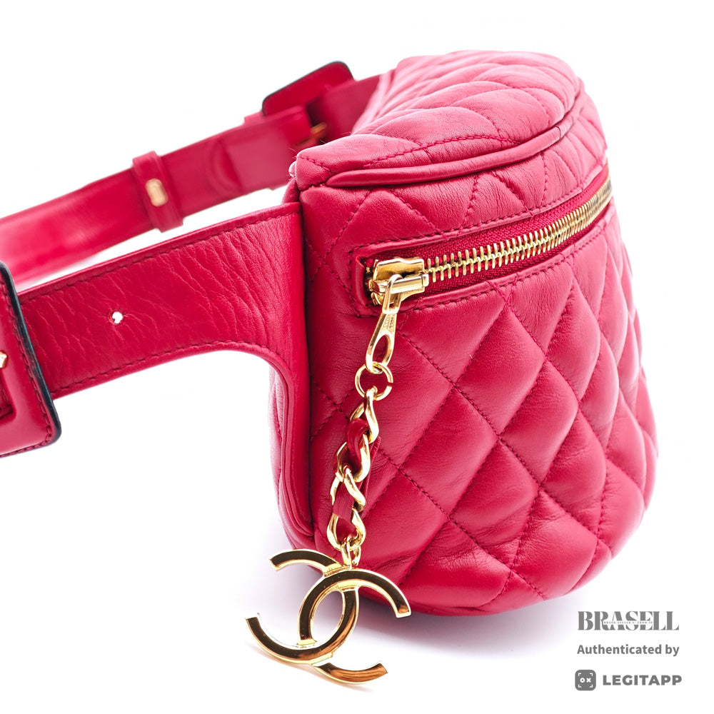CHANEL Matelasse Quilted Lambskin Leather Red Waist Bag 【ImportFeeFREE】