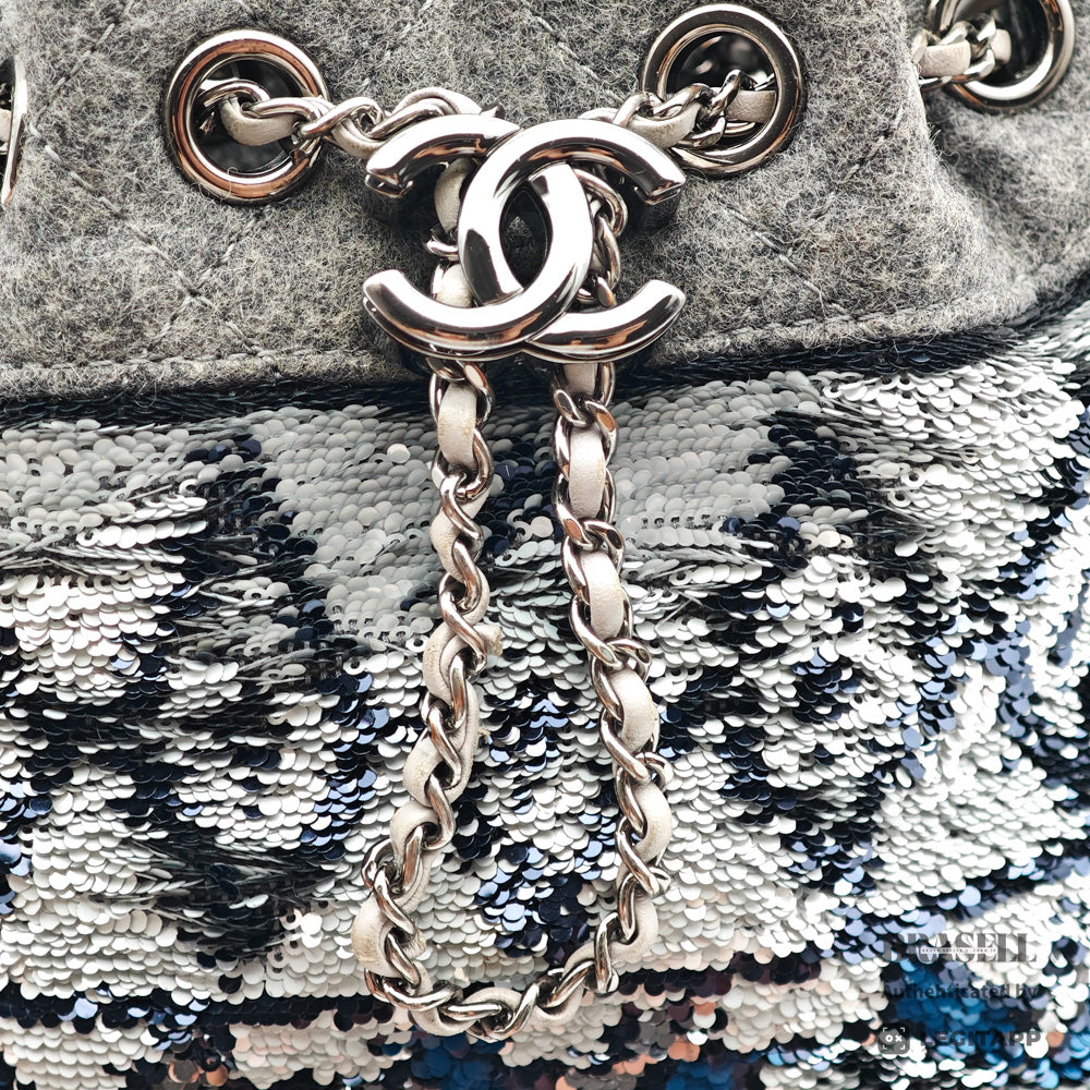 CHANEL CC Chain Drawstring Quilted Wool and Sequins Bag 【ImportFeeFREE】