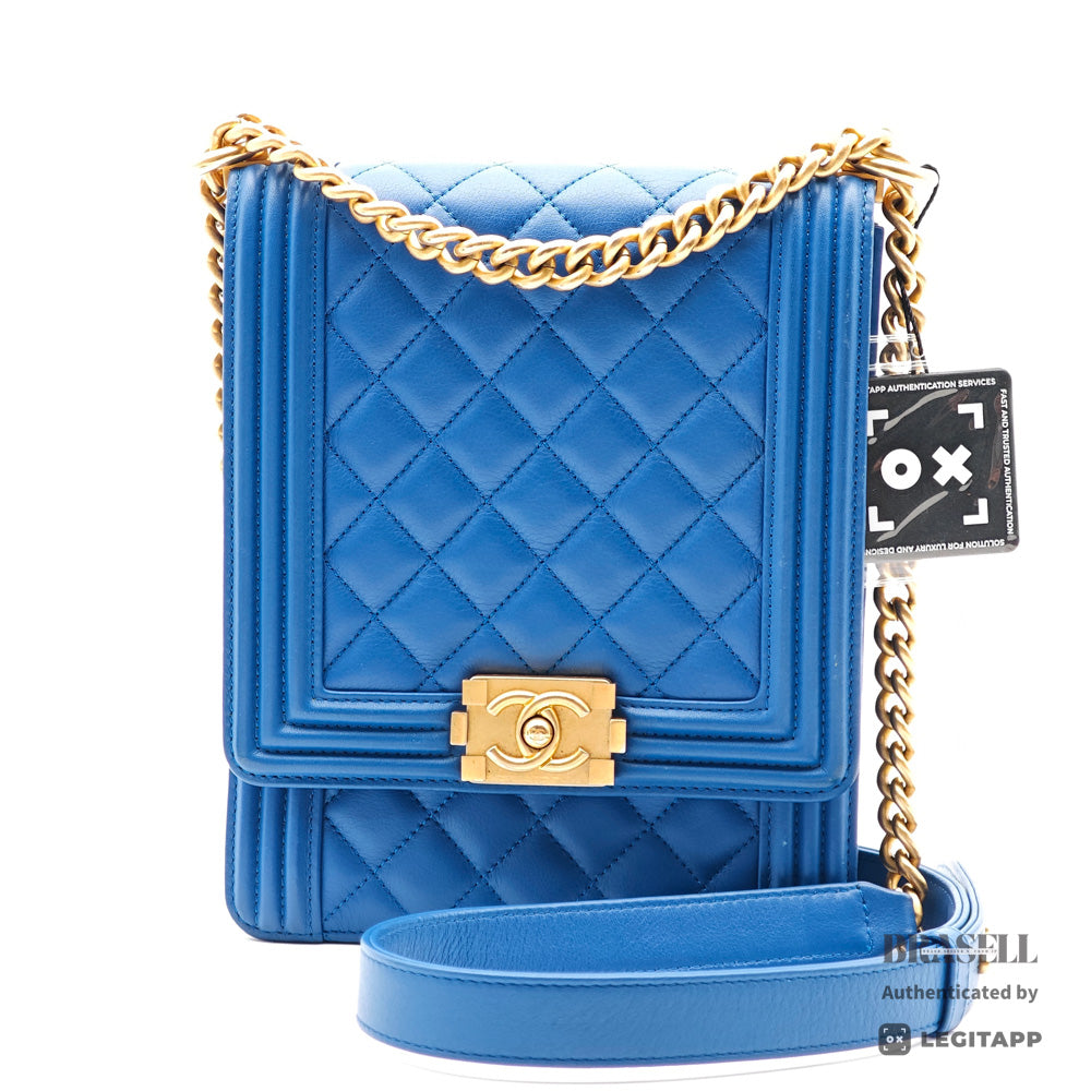 CHANEL Boy Chanel Vertical Lambskin Blue Chain Shoulder Bag 【ImportFeeFREE】