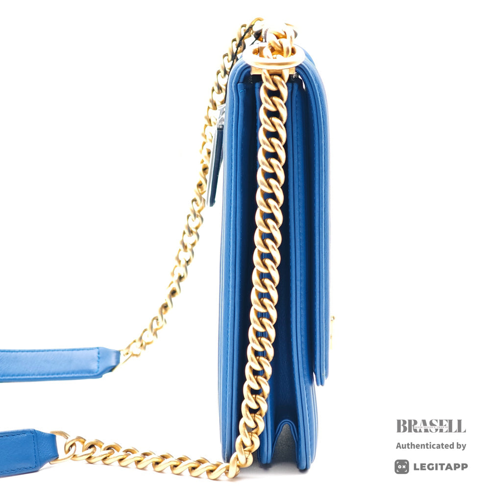 CHANEL Boy Chanel Vertical Lambskin Blue Chain Shoulder Bag 【ImportFeeFREE】