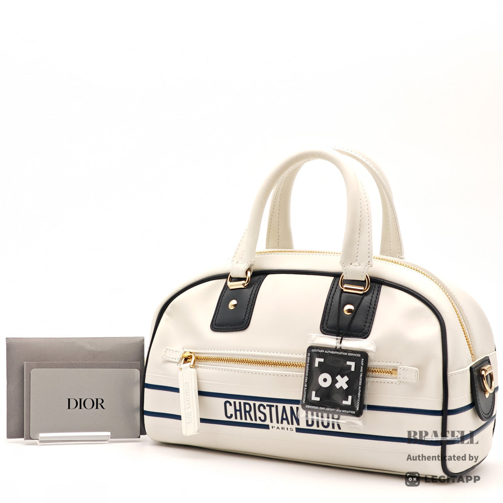 DIOR Vibe Mini Bowling Bag Leather White Navy Handbag 【ImportFeeFREE】