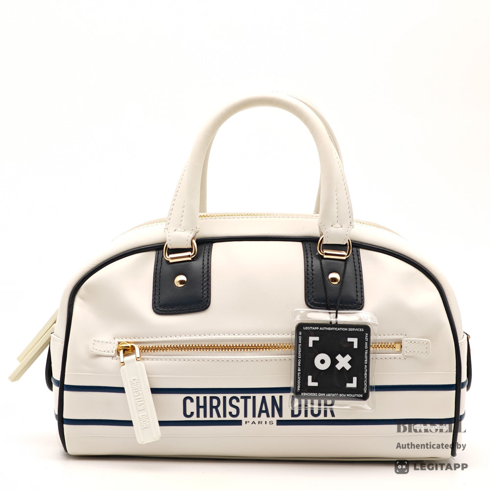 DIOR Vibe Mini Bowling Bag Leather White Navy Handbag 【ImportFeeFREE】