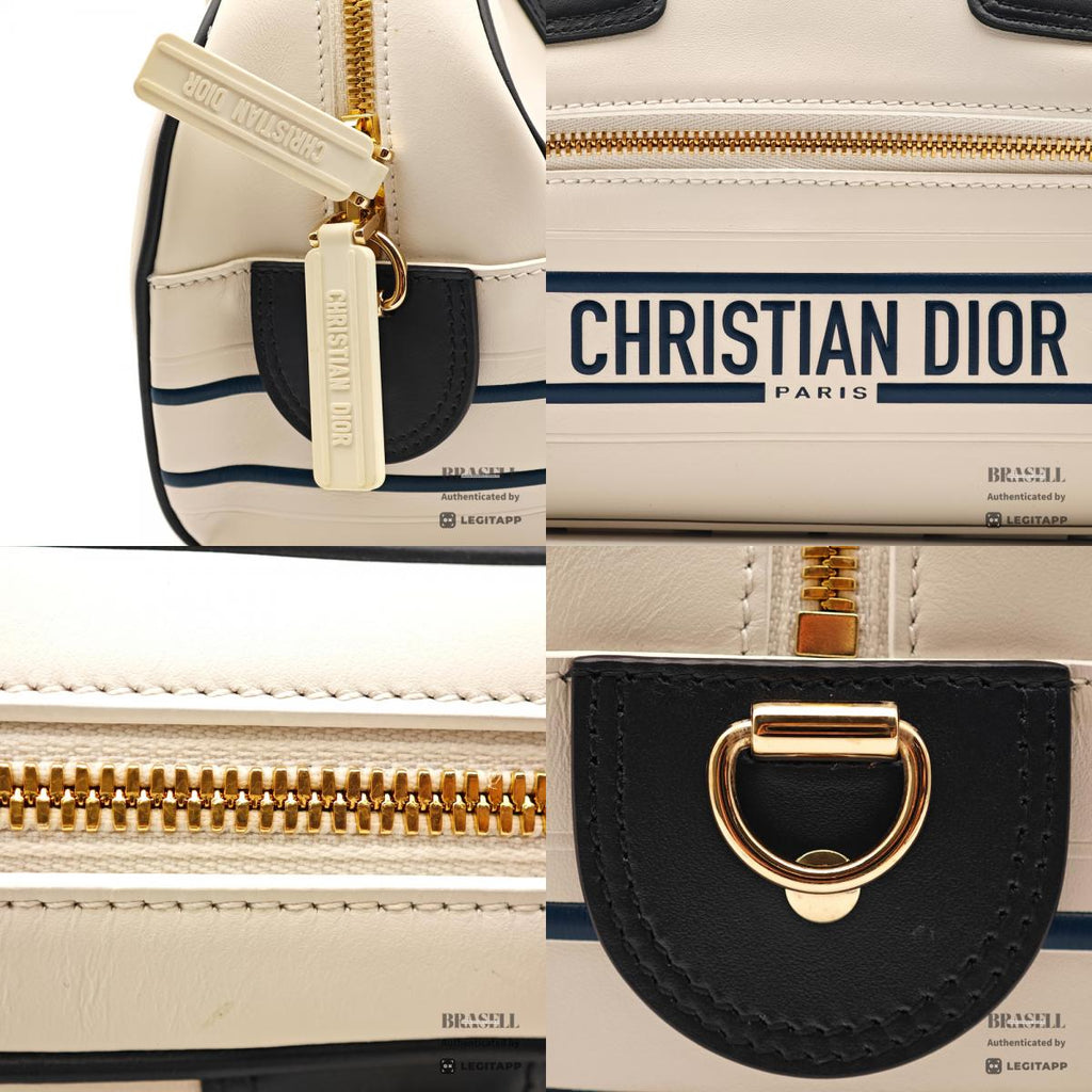 DIOR Vibe Mini Bowling Bag Leather White Navy Handbag 【ImportFeeFREE】
