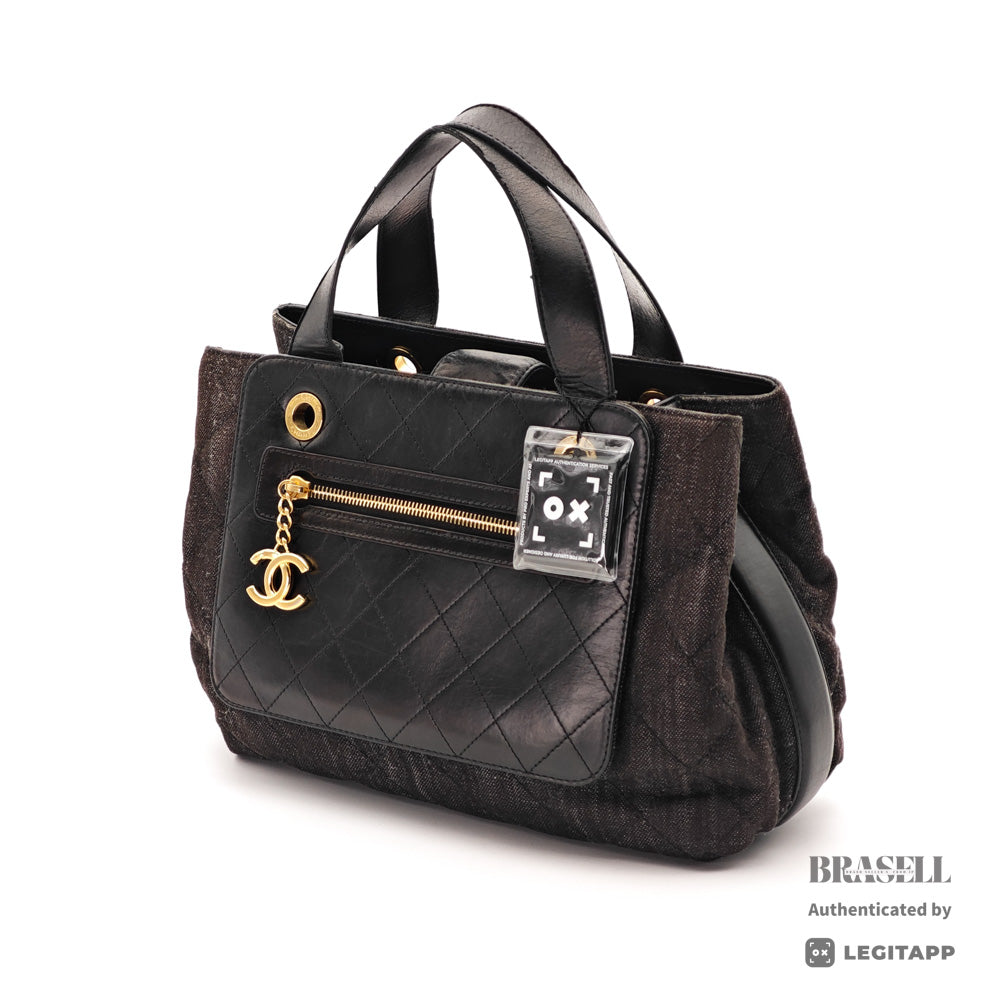 CHANEL Denim Leather Gray Black Hand Bag 【ImportFeeFREE】