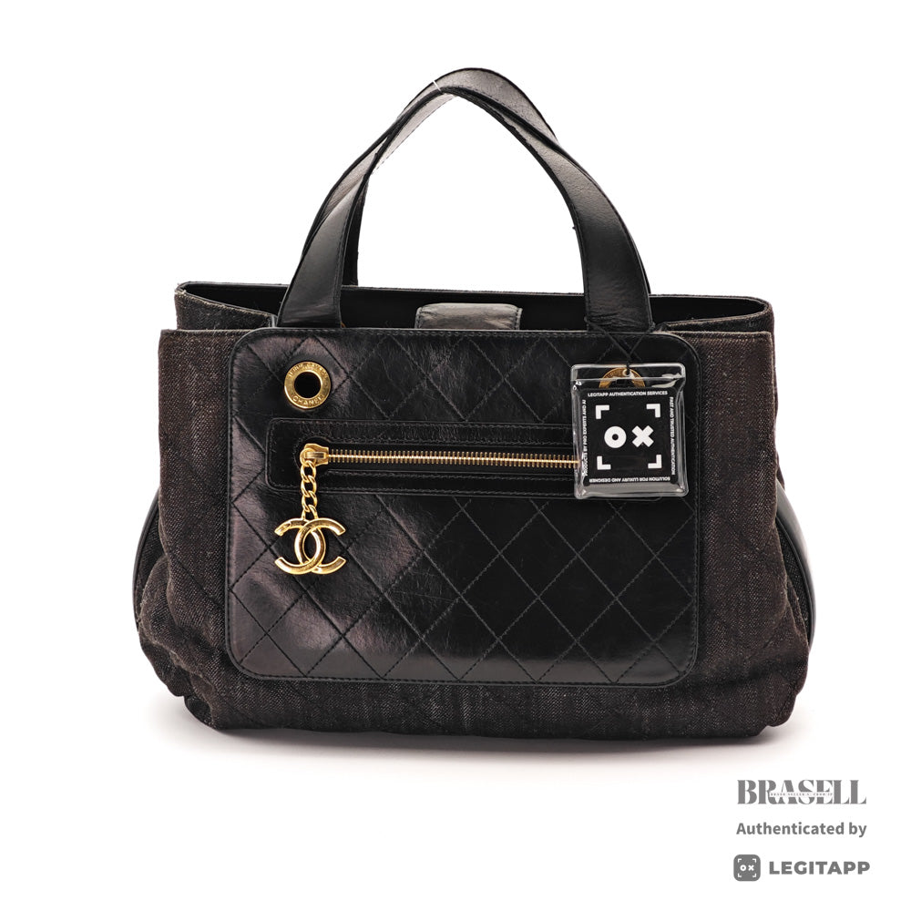 CHANEL Denim Leather Gray Black Hand Bag 【ImportFeeFREE】