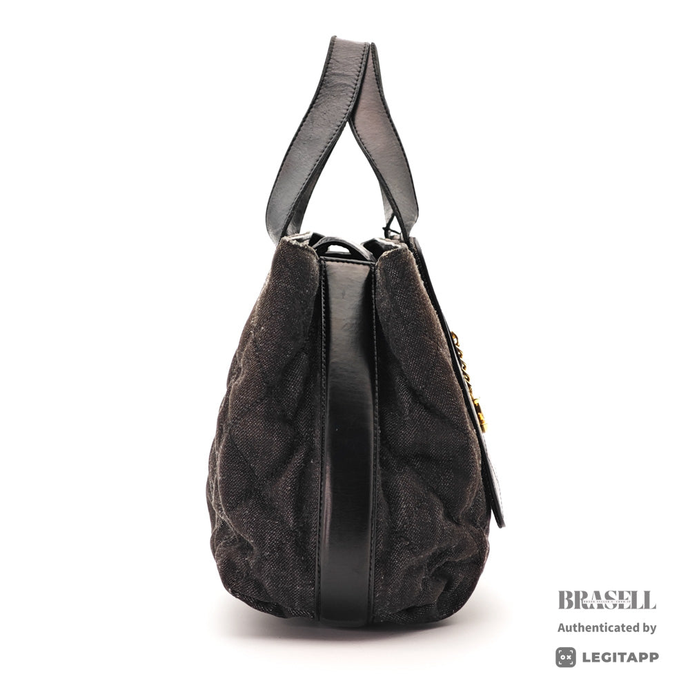 CHANEL Denim Leather Gray Black Hand Bag 【ImportFeeFREE】
