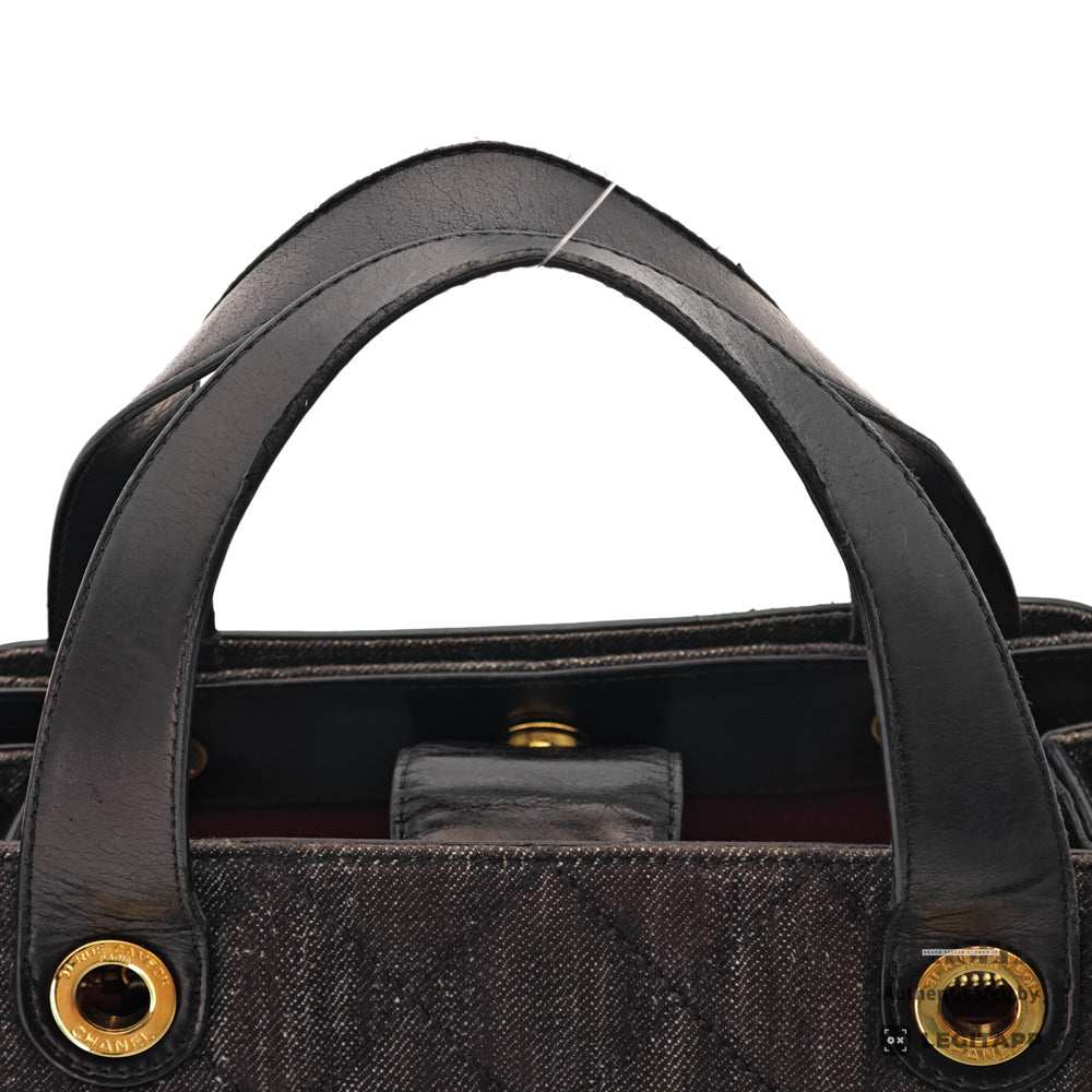 CHANEL Denim Leather Gray Black Hand Bag 【ImportFeeFREE】