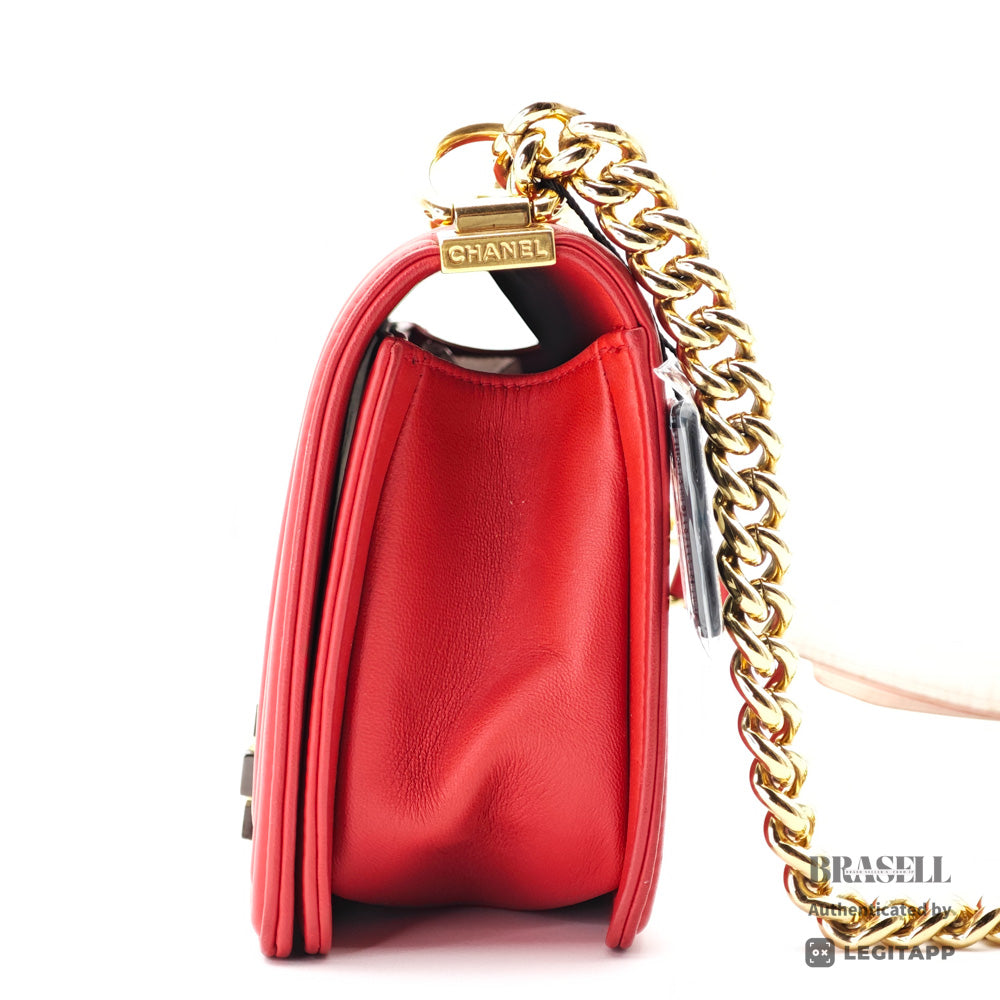 CHANEL Boy CHANEL Lambskin Leather Chain Shoulder Red Bag 【ImportFeeFREE】