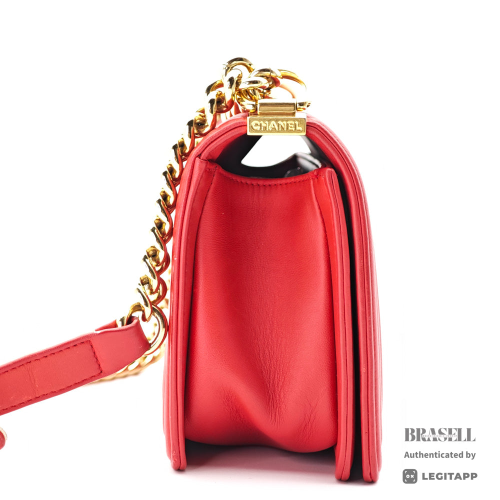 CHANEL Boy CHANEL Lambskin Leather Chain Shoulder Red Bag 【ImportFeeFREE】