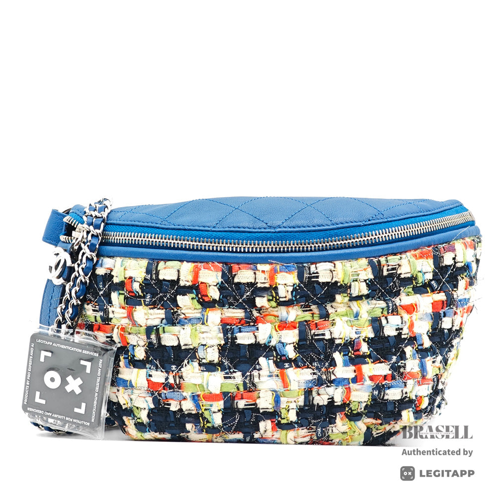 CHANEL Matelasse Tweed Lambskin Leather Blue Multicolor 2Way Waist Bag A93842 【ImportFeeFREE】