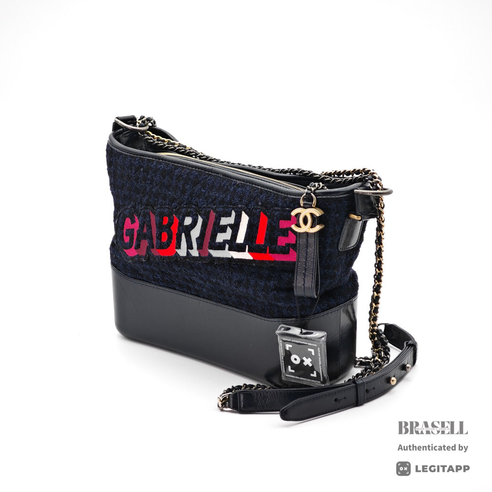 CHANEL Gabrielle de Chanel Large Hobo Tweed Leather Embroidery Black Blue 【ImportFeeFREE】