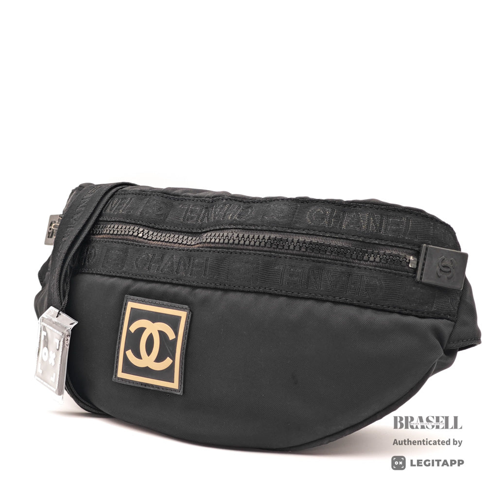 CHANEL Sports Coco Mark Nylon Canvas Black Waist Bag 【ImportFeeFREE】