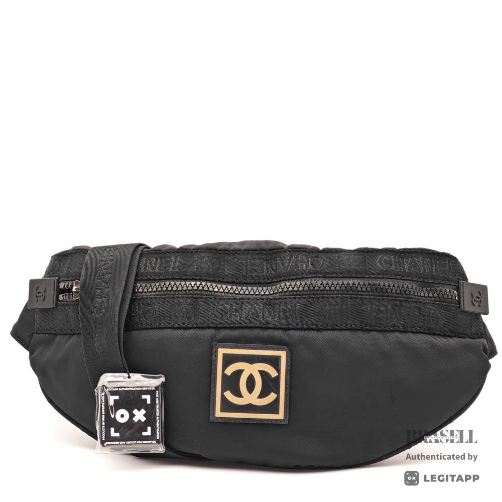 CHANEL Sports Coco Mark Nylon Canvas Black Waist Bag 【ImportFeeFREE】