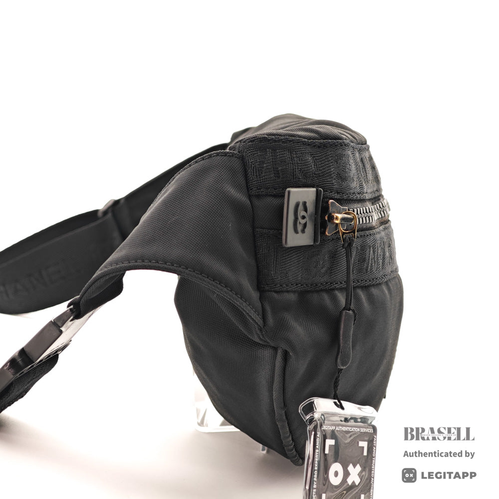 CHANEL Sports Coco Mark Nylon Canvas Black Waist Bag 【ImportFeeFREE】